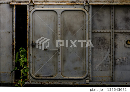 Vintage railroad container doors without rusty and old color at station. 135643681