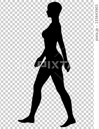Silhouette of a woman walking with good posture and waving her hand, full body sideways, monochrome Silhouette of a woman walking with good posture and waving her hand, full body sideways, monochrome 135643903
