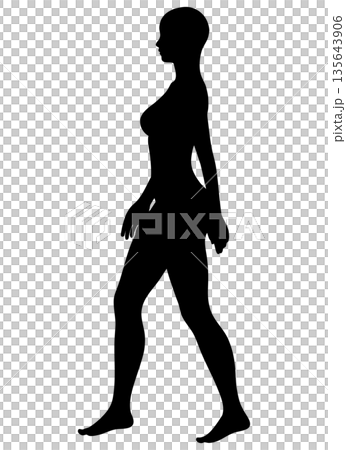一位女性挺拔的背脊和優美的身姿,側身行走,剪影,單色 一位女性挺拔的背脊和優美的身姿,側身行走,剪影,單色 135643906