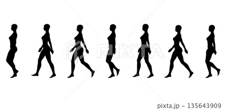 きれいな姿勢で歩く女性のシルエットのイラストセット 歩き方 コマ送り 全身横向き 135643909