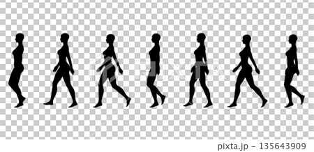 Illustration set of a woman's silhouette walking with beautiful posture, walking style, frame by frame, full body sideways Illustration set of a woman's silhouette walking with beautiful posture, walking style, frame by frame, full body sideways 135643909