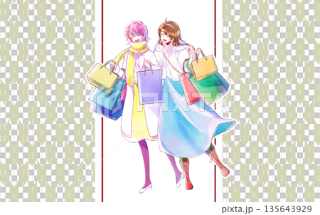 買い物袋をたくさん持った女性2人　笑顔　冬　初売り 135643929