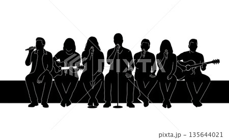 Black Solid Singer Sitting Stage Edge Silhouettes Set of Six on White Background 135644021