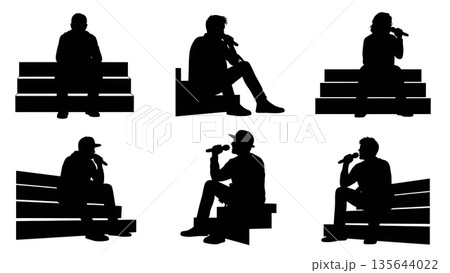 Black Solid Singer Sitting Stairs Silhouettes Set of Six on White Background Black Solid Singer Sitting Stairs Silhouettes Set of Six on White Background 135644022