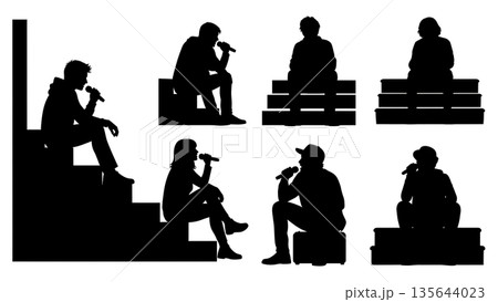Black Solid Singer Sitting Stairs Silhouettes Set of Six on White Background Black Solid Singer Sitting Stairs Silhouettes Set of Six on White Background 135644023