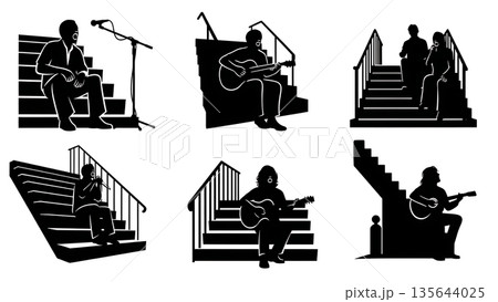 Black Solid Singer Sitting Stairs Silhouettes Set of Six on White Background 135644025