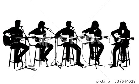Black Solid Singer Songwriter Stool Silhouettes Set of Six on White Background 135644028