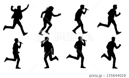 Black Solid Singer Running Stage Silhouettes Set of Six on White Background Black Solid Singer Running Stage Silhouettes Set of Six on White Background 135644029