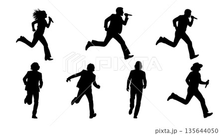 Black Solid Singer Running Stage Silhouettes Set of Six on White Background Black Solid Singer Running Stage Silhouettes Set of Six on White Background 135644050