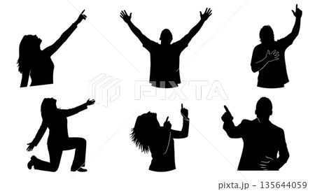 Black Solid Singer Pointing Sky Silhouettes Set of Six on White Background Black Solid Singer Pointing Sky Silhouettes Set of Six on White Background 135644059