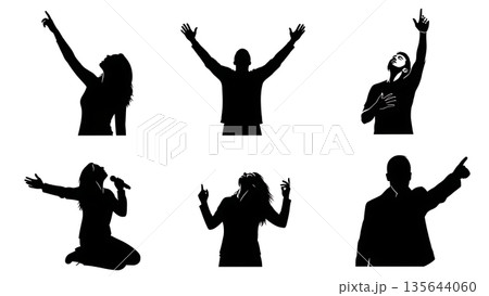 Black Solid Singer Pointing Sky Silhouettes Set of Six on White Background Black Solid Singer Pointing Sky Silhouettes Set of Six on White Background 135644060