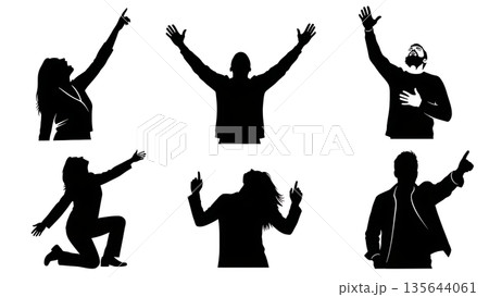 Black Solid Singer Pointing Sky Silhouettes Set of Six on White Background Black Solid Singer Pointing Sky Silhouettes Set of Six on White Background 135644061