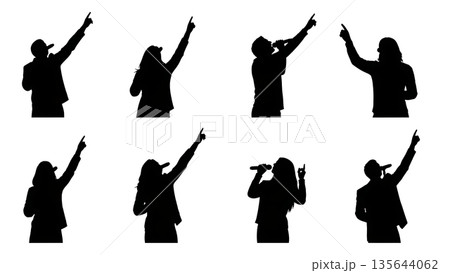 Black Solid Singer Pointing Sky Silhouettes Set of Six on White Background Black Solid Singer Pointing Sky Silhouettes Set of Six on White Background 135644062