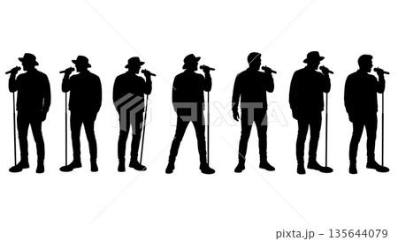 Black Solid Singer Mic Cigar Hold Silhouettes Set of Six on White Background 135644079