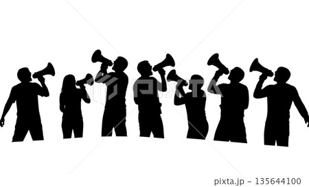 Black Solid Singer Megaphone Shout Silhouettes Set of Six on White Background 135644100