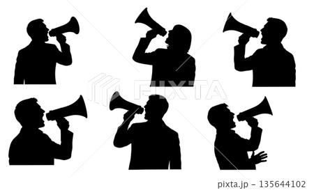 Black Solid Singer Megaphone Shout Silhouettes Set of Six on White Background Black Solid Singer Megaphone Shout Silhouettes Set of Six on White Background 135644102
