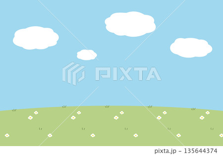 かわいい絵本風の青空と雲と草花の背景画像 晴れた空と草原のメルヘンな背景素材ベクターイラスト かわいい絵本風の青空と雲と草花の背景画像 晴れた空と草原のメルヘンな背景素材ベクターイラスト 135644374