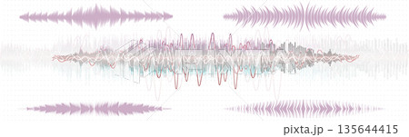 Various sound waves are displayed with different shapes and colors on a plain white background. This design illustrates sound patterns and can be used for teaching or creative projects. Various sound waves are displayed with different shapes and colors on a plain white background. This design illustrates sound patterns and can be used for teaching or creative projects. 135644415