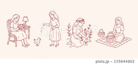Cottagecore girl lifestyle hand drawn vector line art set with picnic chicken feeding and gardening for aesthetic stationery and slow life design Cottagecore girl lifestyle hand drawn vector line art set with picnic chicken feeding and gardening for aesthetic stationery and slow life design 135644802