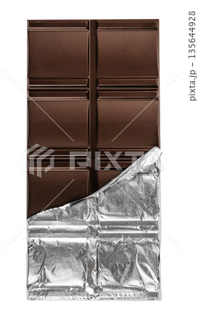 Dark chocolate bar partially unwrapped in foil isolated on white 135644928