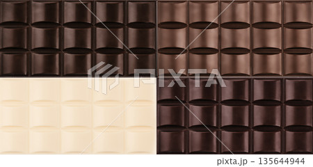 Assorted chocolate bars texture with dark milk and white chocolate squares Assorted chocolate bars texture with dark milk and white chocolate squares 135644944