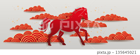 Fire horse Chinese New Year 2026 celebration red horse silhouette with decorative gold wave clouds and sparkling stars festive background banner 135645021