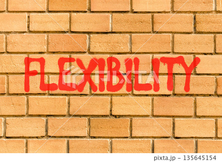 Flexibility symbol. Concept word Flexibility on beautiful big brown brick wall. Beautiful big brown brick wall background. Business flexibility concept. Copy space. Flexibility symbol. Concept word Flexibility on beautiful big brown brick wall. Beautiful big brown brick wall background. Business flexibility concept. Copy space. 135645154