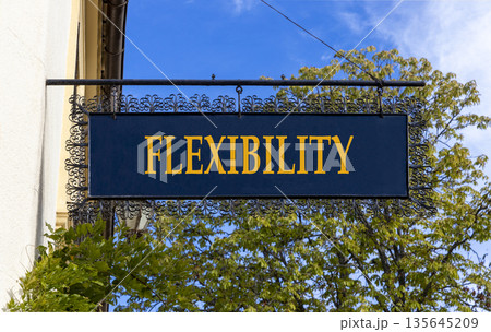 Flexibility symbol. Concept word Flexibility on beautiful black road sign. Beautiful blue sky and street in Brugge background. Business flexibility concept. Copy space. Flexibility symbol. Concept word Flexibility on beautiful black road sign. Beautiful blue sky and street in Brugge background. Business flexibility concept. Copy space. 135645209