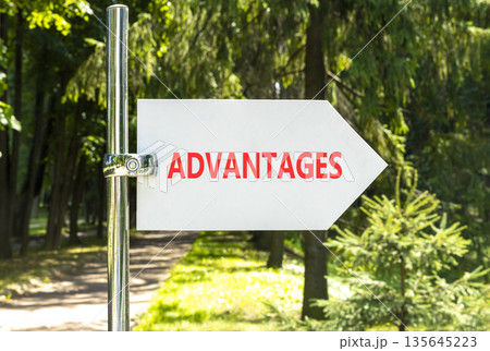 Advantages symbol. Concept word Advantages on beautiful big white road sign. Beautiful green garden or forest background. Business advantages concept. Copy space. Advantages symbol. Concept word Advantages on beautiful big white road sign. Beautiful green garden or forest background. Business advantages concept. Copy space. 135645223