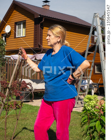 Woman gardener in blue t-shirt and pink pants with a shovel standing in a garden. Home improvement and gardening concept. 135645547