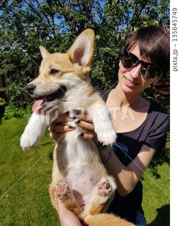 Happy Woman Holding Corgi Puppy in Sunny Garden Happy Woman Holding Corgi Puppy in Sunny Garden 135645749