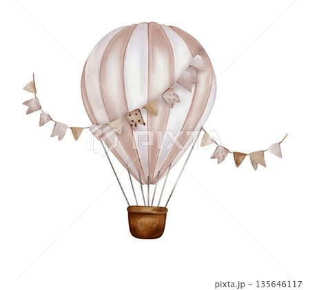 Watercolor beige pink Air Balloons with basket with Garland with flags. Hand drawn illustration for Children design in Cartoon style. Vintage Aircraft with hot air for kids in pastel muted colors. 135646117