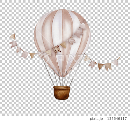 Watercolor beige pink Air Balloons with basket with Garland with flags. Hand drawn illustration for Children design in Cartoon style. Vintage Aircraft with hot air for kids in pastel muted colors. 135646117