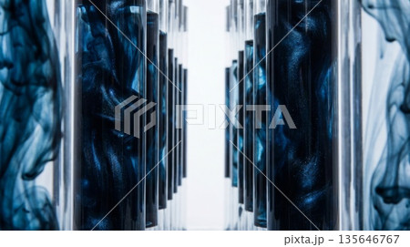 試験管の中で青いインクが水に溶けて広がる美しい化学反応の瞬間 試験管の中で青いインクが水に溶けて広がる美しい化学反応の瞬間 135646767