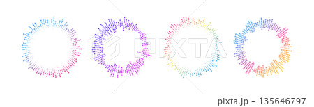 Neon gradient sound wave dots forming circular audio pattern with glowing radial lines. Abstract music equalizer icon with concentric rings and dynamic sound frequency visualization. Neon gradient sound wave dots forming circular audio pattern with glowing radial lines. Abstract music equalizer icon with concentric rings and dynamic sound frequency visualization. 135646797