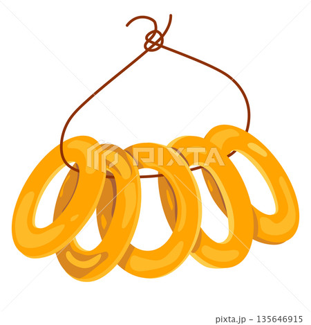 Bundles of bagels on a rope in flat style. A traditional Russian dish. A symbol of the Maslenitsa holiday. Vector illustration. Russian bagels are called sushka or baranka. Bundles of bagels on a rope in flat style. A traditional Russian dish. A symbol of the Maslenitsa holiday. Vector illustration. Russian bagels are called sushka or baranka. 135646915