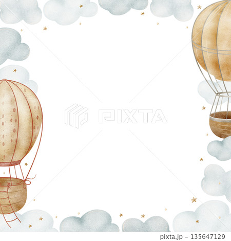 Hot Air Balloons in clouds. Frame hand drawn watercolor illustration template square in children's pastel style is perfect for greeting postcards, poster baby shower, birthday on isolated background 135647129