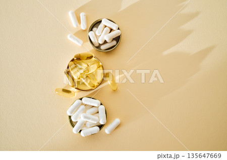Various nutritional supplements and omega 3 capsules for health and wellness Various nutritional supplements and omega 3 capsules for health and wellness 135647669