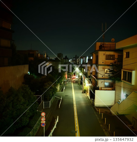 街灯が照らす代官山の夜道と東京の都市感。 街灯が照らす代官山の夜道と東京の都市感。 135647932