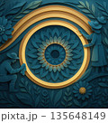 Ornate golden eye design with detailed iris pattern on layered teal background featuring decorative botanical element and concentric arc creating depth and symmetry 135648149