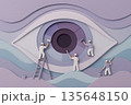 Papercut illustration featuring giant eye with pupil and iris while miniature figure restore color using ladder and tool representing vision care and ophthalmology concept 135648150