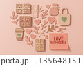 Eco friendly gift composition forming heart shape with sustainable product, paper craft element, botanical motif, coral tone, pink palette, love responsibly message 135648151