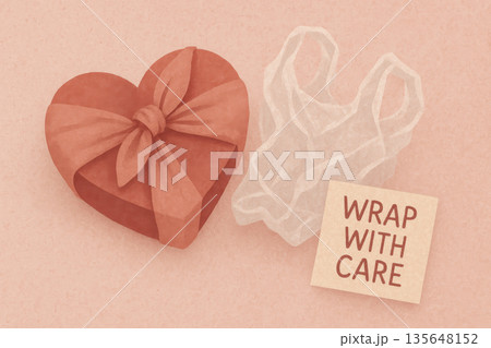 Heart shaped gift box with fabric wrap and care tag promoting sustainable eco friendly packaging on pastel pink background for Valentine celebration and conscious gifting 135648152
