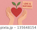 Hand holding heart with sprouting leaf plant growth nurture love concept paper cut illustration pink background romantic care nature symbol ecological mindset 135648154