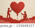 Silhouette couple stitching broken heart balloon together with thread in papercut landscape symbolizing relationship repair and emotional healing through cooperation 135648157