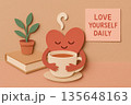 Cute heart character hugging warm beverage cup with potted plant and inspirational note promoting daily self care and self compassion in soft pastel tone paper craft style 135648163