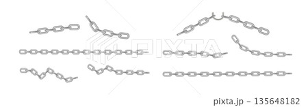 Free metal chain with whole or break steel chrome links. Collection of seamless metal chains colored silver. Vector 135648182
