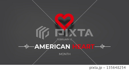 Minimalist Heart Health Month awareness design on dark charcoal background, red heart outline and pulse icon for February medical campaign vector 135648254
