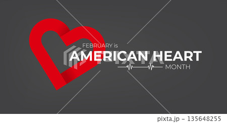 February is American Heart Month awareness banner with red heart symbol and pulse line on dark grey background, professional medical healthcare vector design. Heart month with paper heart 135648255