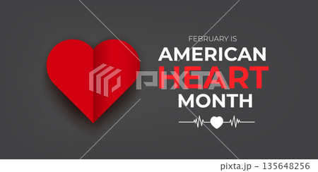 February is American Heart Month awareness banner with red heart symbol and pulse line on dark grey background, professional medical healthcare vector design. Heart month with paper heart 135648256